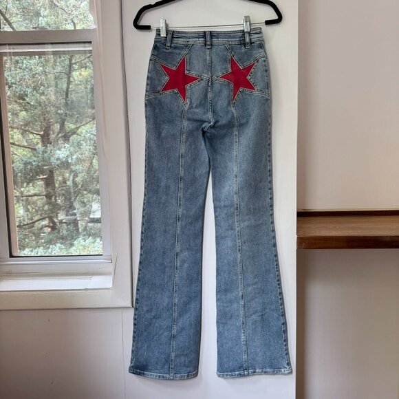 Free People Firecracker Flare Jeans Blue Red Suede Stars  26 - Picture 4 of 10